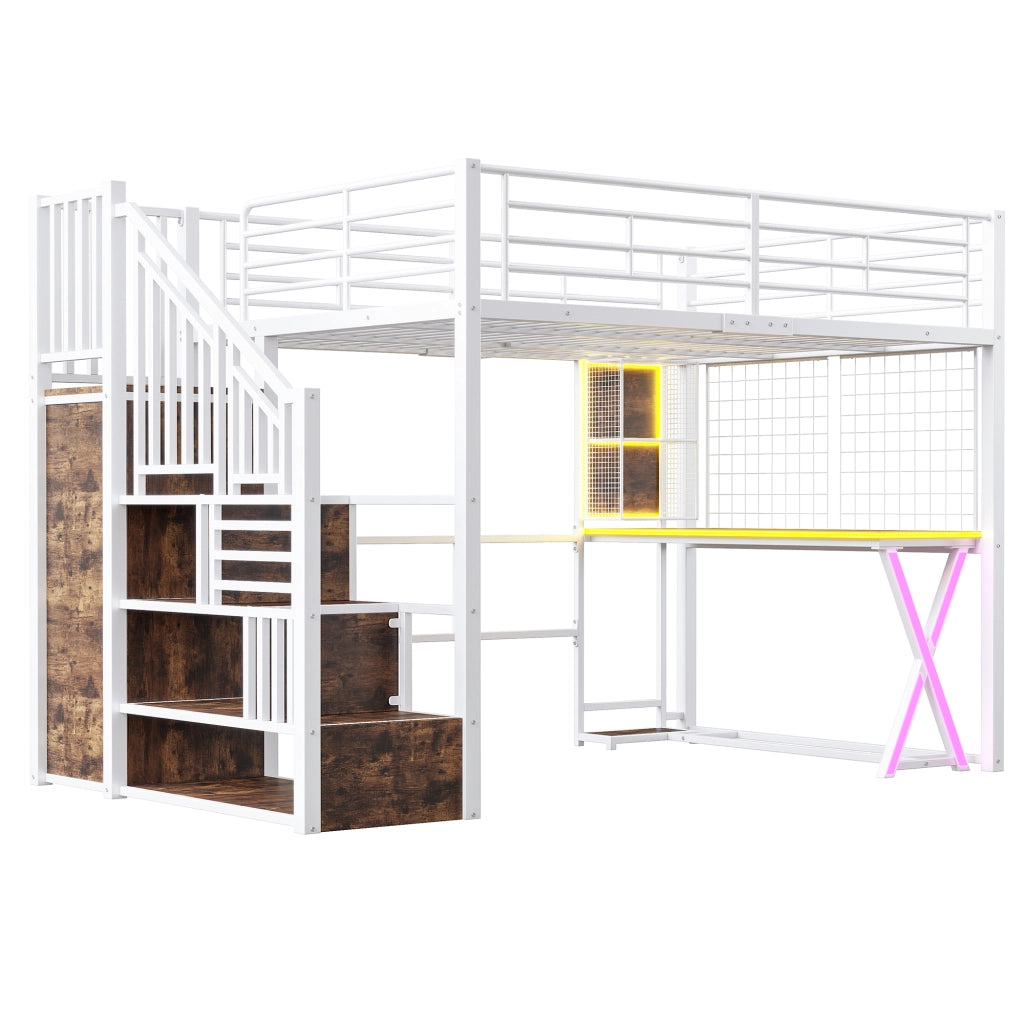 Letto a Soppalco con LED, Scrivania e Armadio ¨C MINIMAL ¨C Bianco 140x200