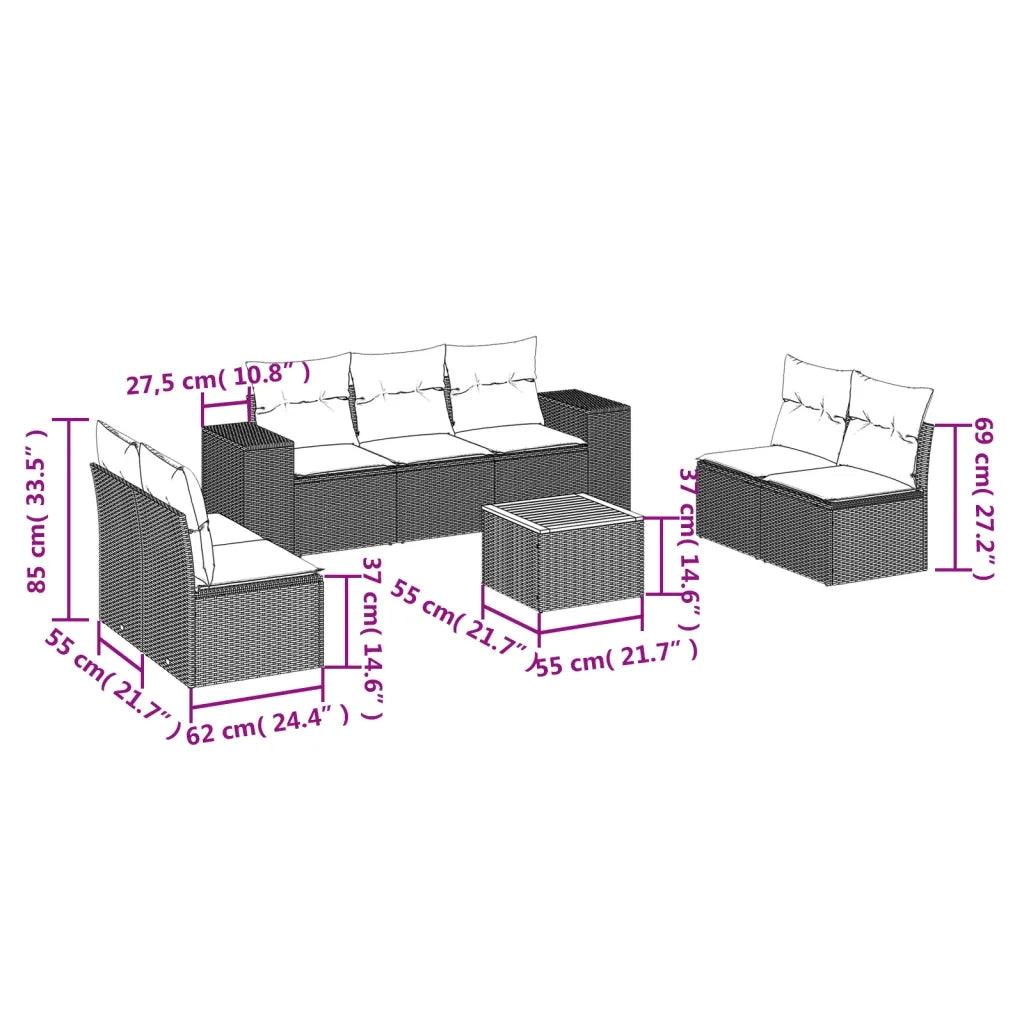 Set Divani da Giardino con Cuscini 8 pz Nero in Polyrattan
