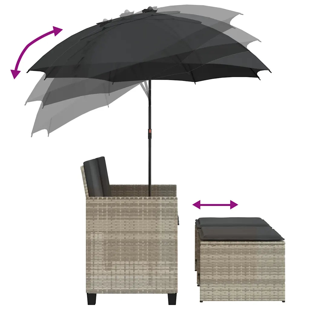 Divano 2Posti Ombrellone e Sgabelli Grigio Chiaro Polyrattan 365888