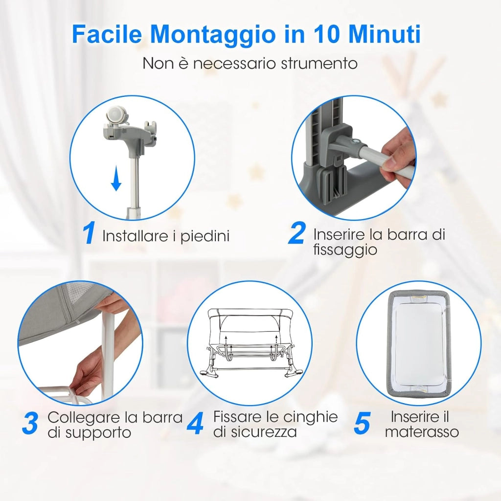 3 in 1 Culla Neonato Fianco Letto, Lettino Neonato Dondolo con Materasso, Culla Co-Sleeping Fino a 9 kg, Altezza Regolabili, 84 x 59,5 x 80,5cm (Grigio)
