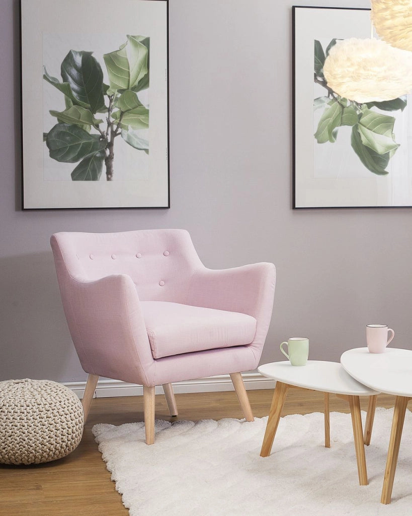 Poltrona Tessuto Rosa Bottone Schienale Gambe Legno Gomma Moderna