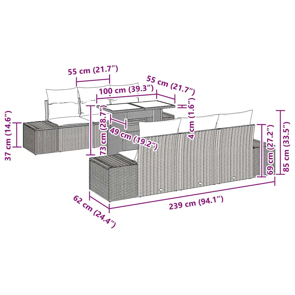 Set di divani con cuscino 7 pcs Nero polyrattan 3349109