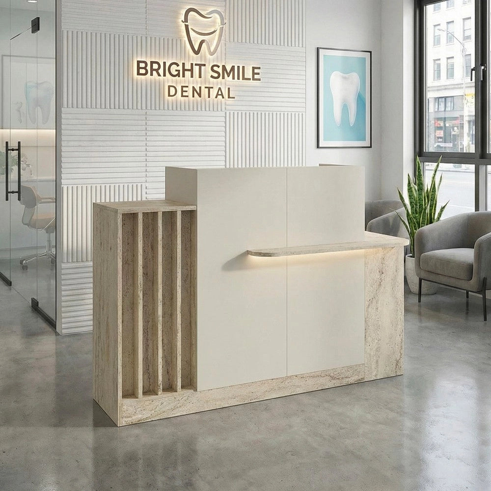 Bancone Reception Dayana 150 cm Cashmere e Travertino con LED – Design Moderno