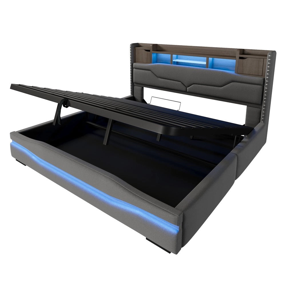 Letto Imbottito Contenitore con LED e USB ¨C Xylo ¨C Grigio 180x200