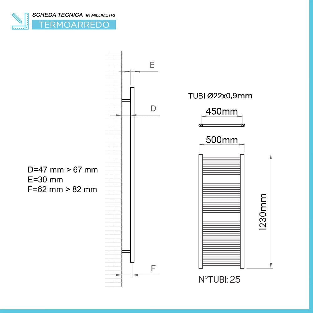 Termoarredo scaldasalviette 500x1200 nero opaco con interasse 45 cm