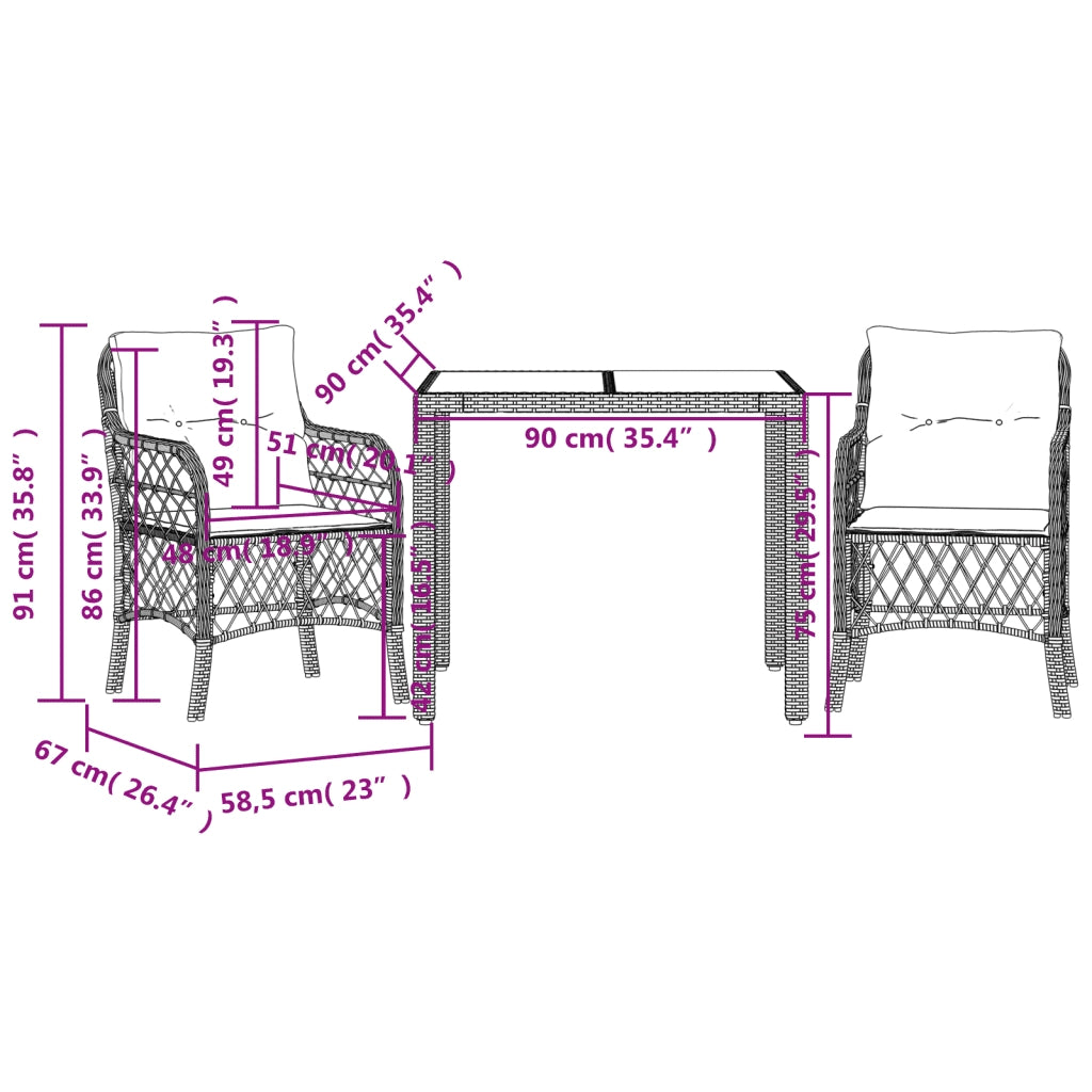 Set da Bistrò 3 pz con Cuscini Nero in Polyrattan