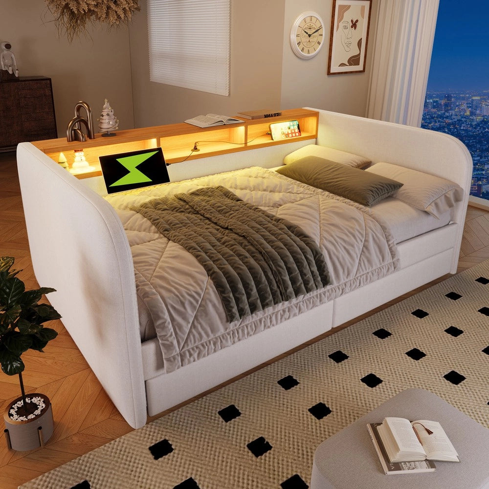 Letto Imbottito Contenitore con LED e 2 Cassetti ¨C Xylo ¨C Tessuto Beige Chiaro 140x190
