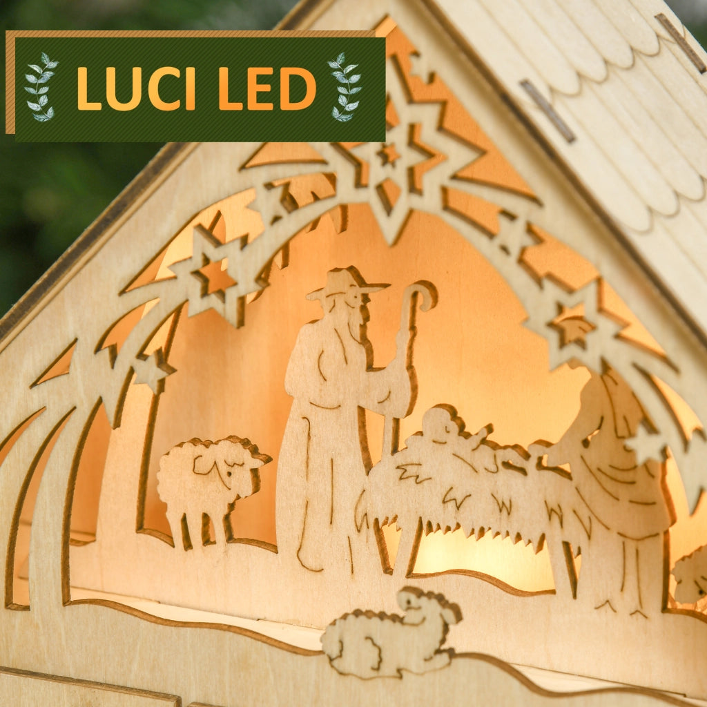 Calendario dell'Avvento in Legno con 24 Cassetti ¨C Xylo ¨C Decorazione Natalizia con Presepe e Luci, 26.6x6x30cm