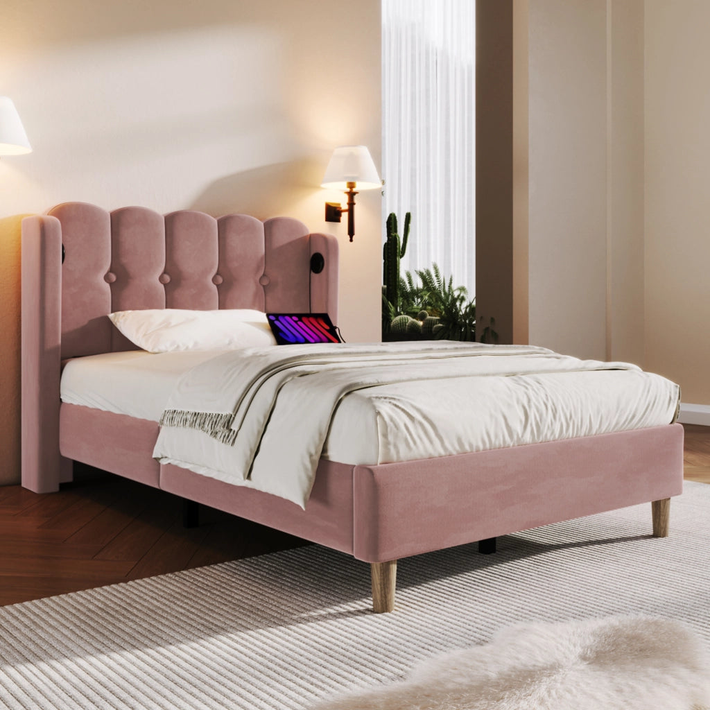 LETTO singolo 90x200 cm in velluto rosa con USB e Type-C