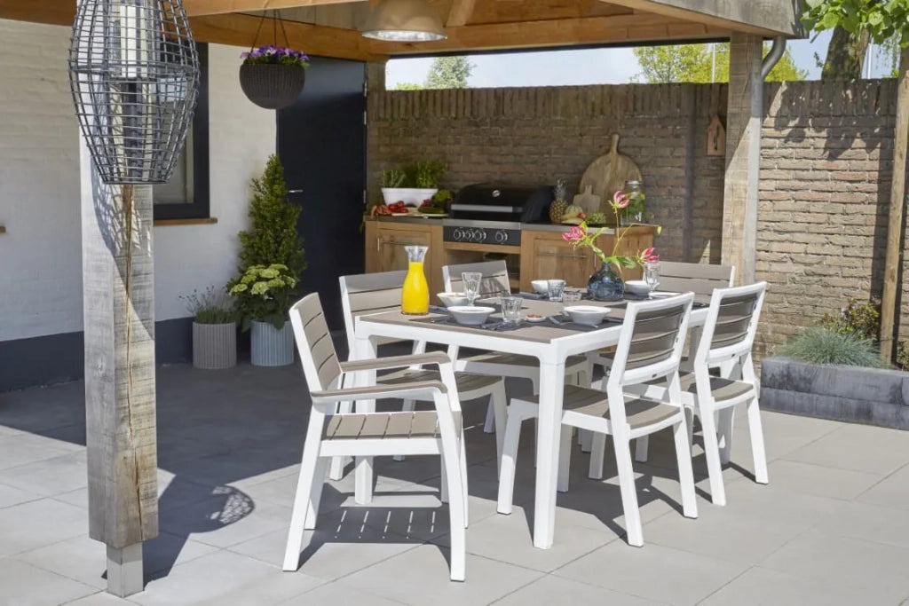 Tavolo da Giardino Harmony 160x90x74 cm in Resina Effetto Legno Colore Bianco Tortora Resistente ai Raggi UV Keter