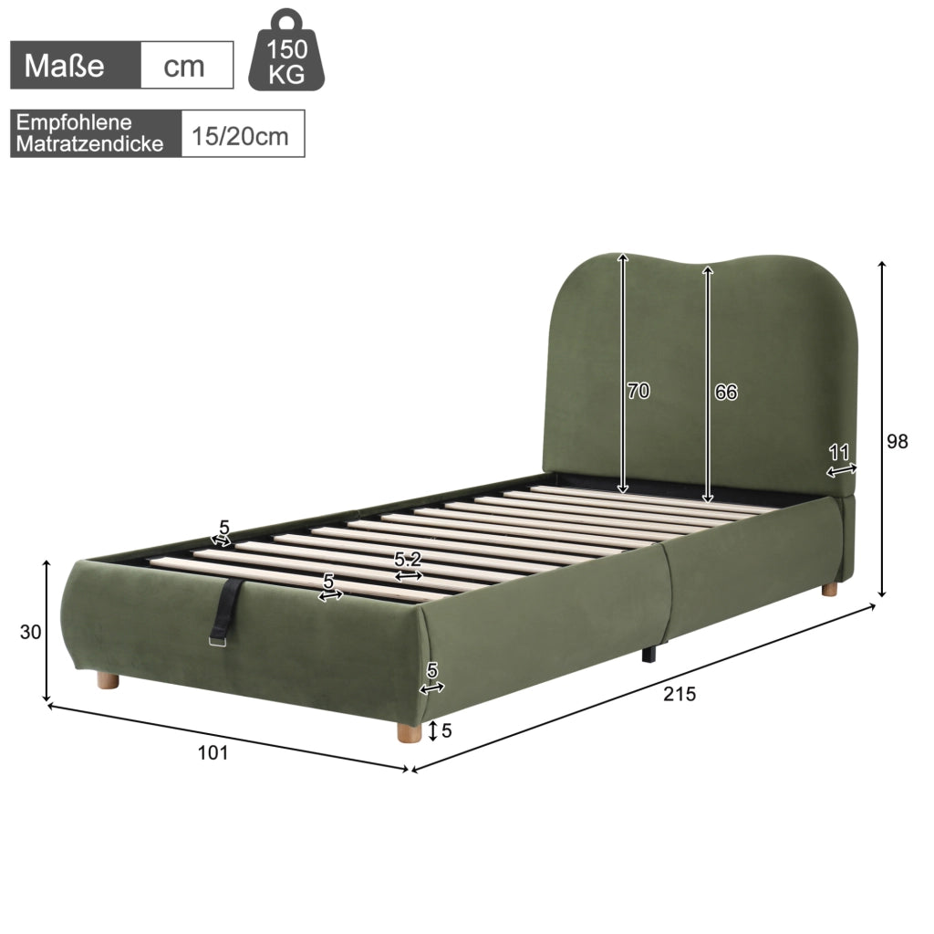 Letto singolo imbottito 90x200 cm con contenitore e rete a doghe; velluto verde