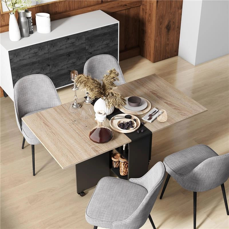 TAVOLO PIEGHEVOLE CONSOLLE PER 4-6 PERSONE CON RUOTE E RIPIANI, 140X75X74CM, ROVERE E NERO
