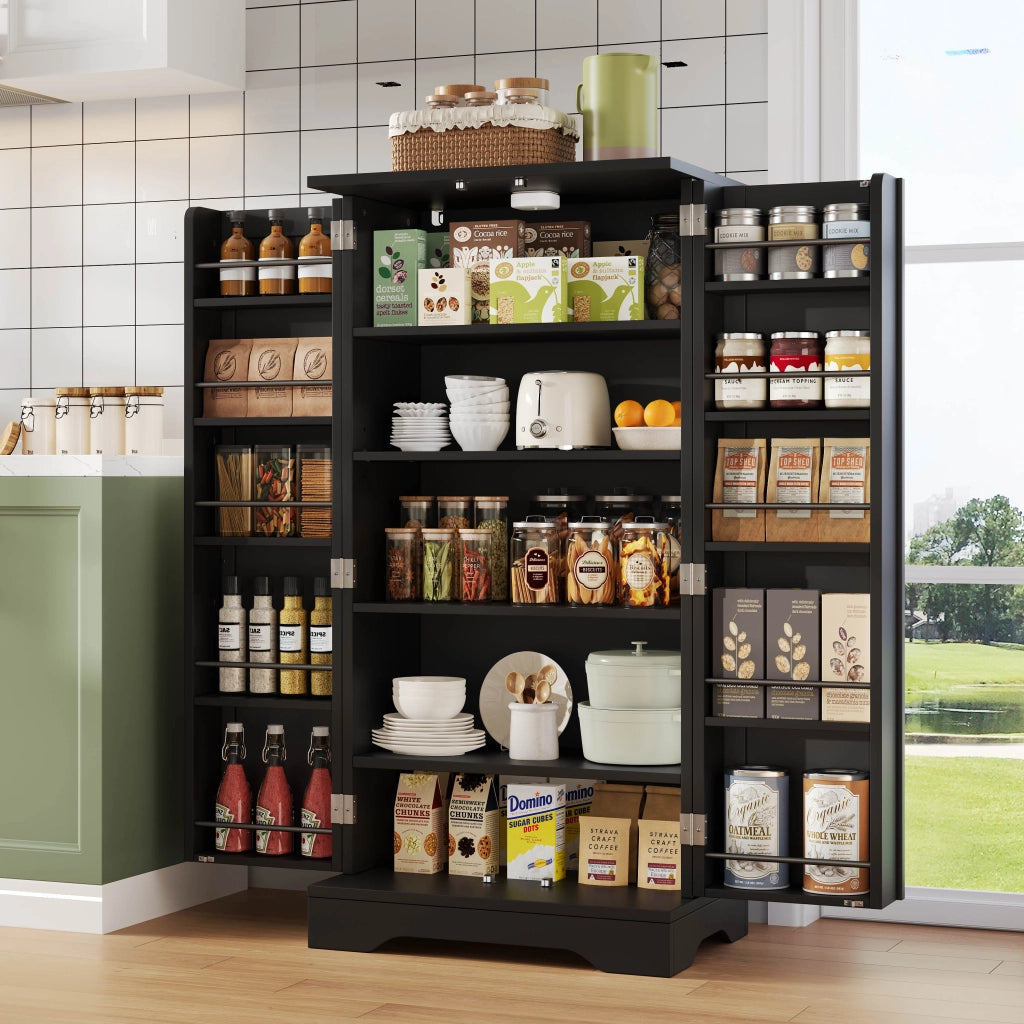 Armadio da cucina moderno 120x60x40 cm in MDF, mobile freestanding con LED sensor e ripiani regolabili, nero