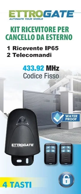 Kit ricevitore per automazione cancelli con 2 telecomandi universali 433mhz IP65