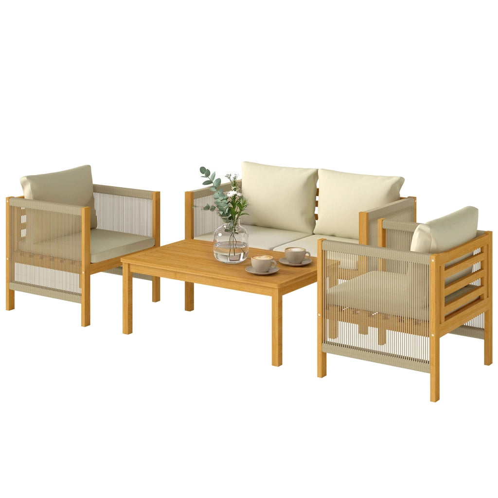Set da giardino in legno con divano 2 posti 2 poltrone e tavolo ¨C zephmum ¨C cuscini lavabili