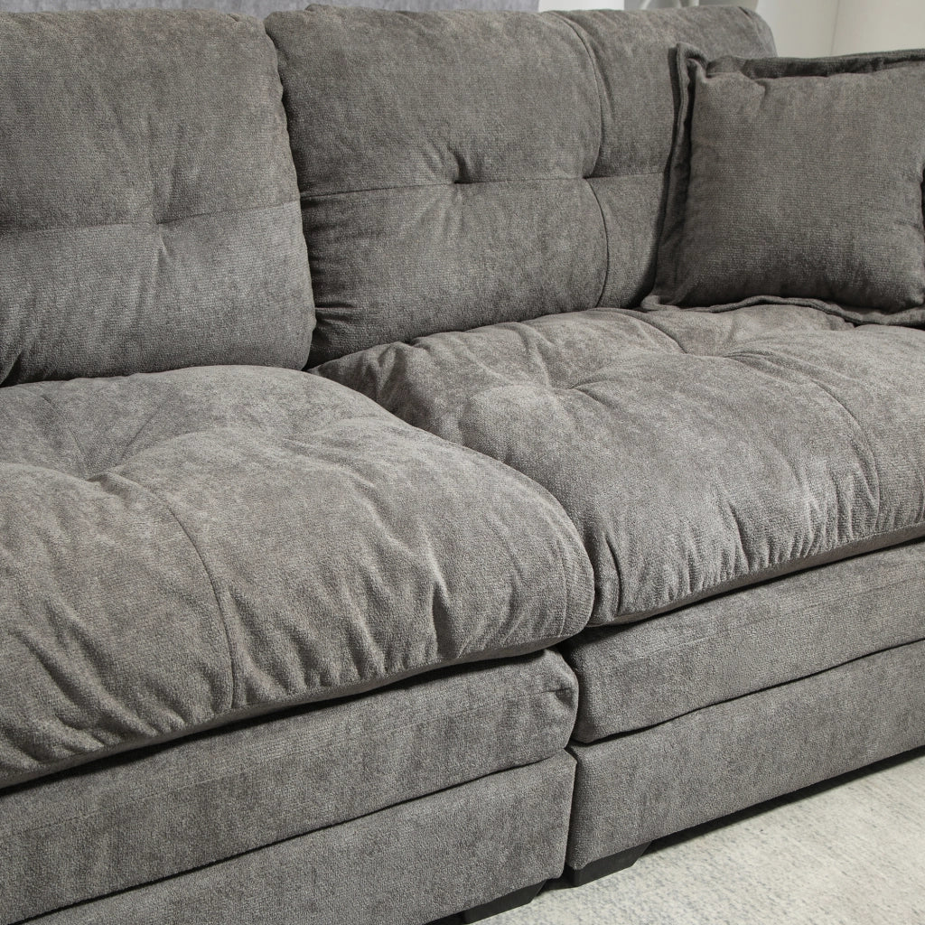 Divano modulare a 2 posti e poltrona con seduta profonda, cuscini e memory foam per salotto in ciniglia grigia