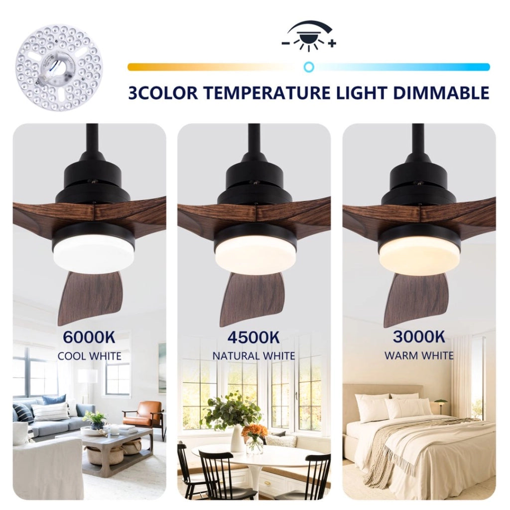 Ventilatore da soffitto a 3 pale con luce led e telecomando in abs nero e noce scuro