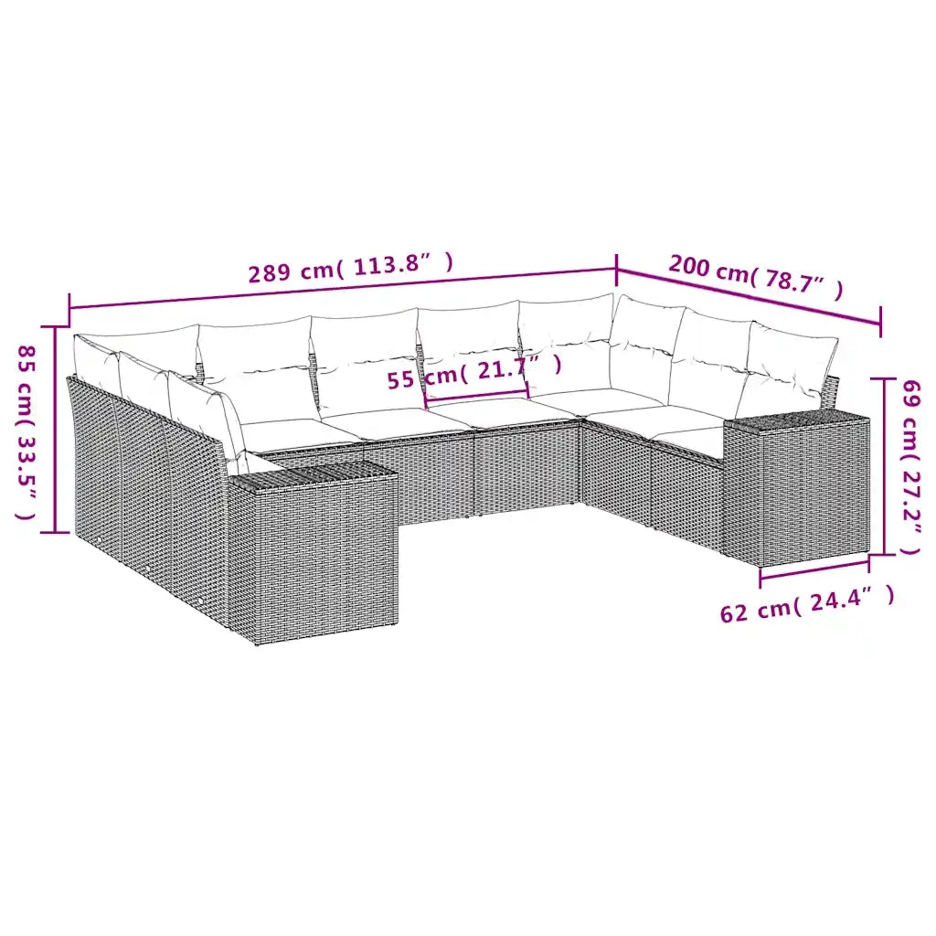 Set Divani da Giardino 9pz con Cuscini Marrone in Polyrattan