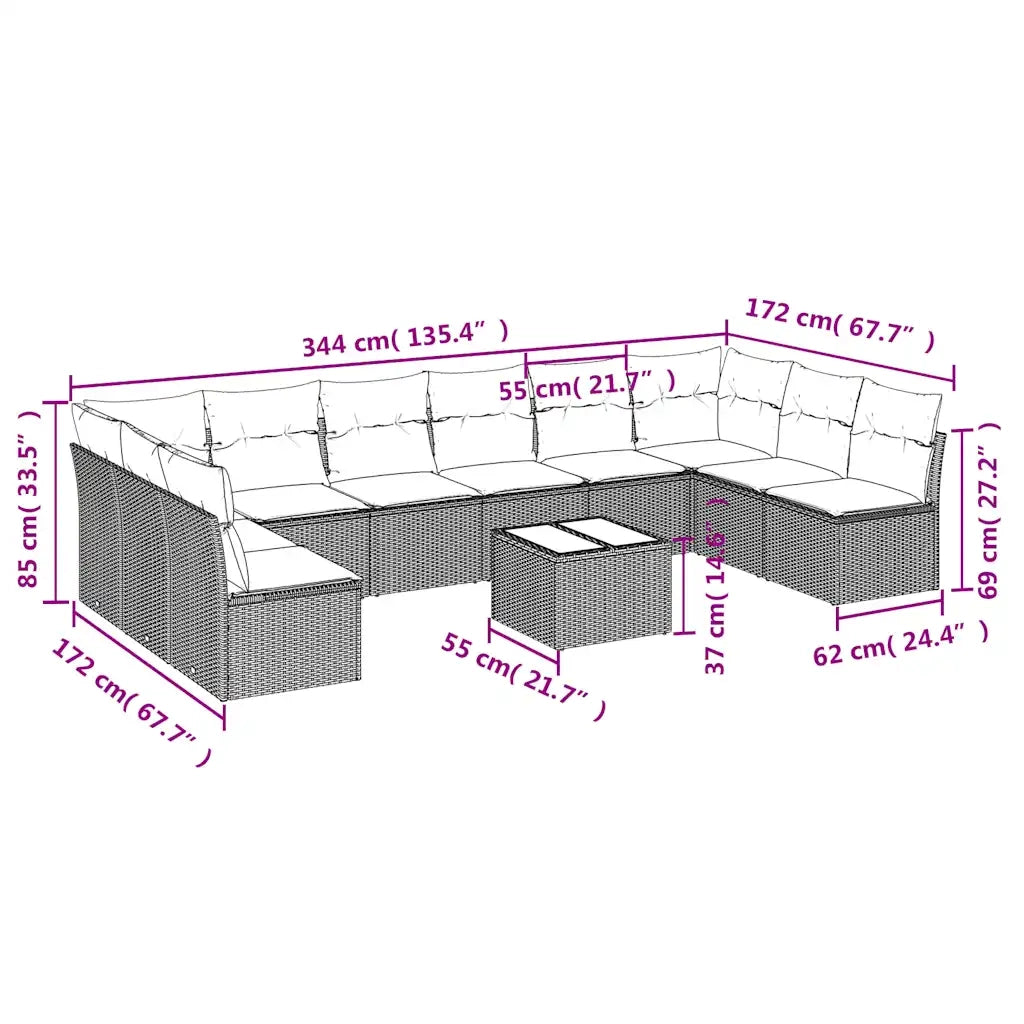Set Divani da Giardino 11 pz con Cuscini Polyrattan Marrone 3249942