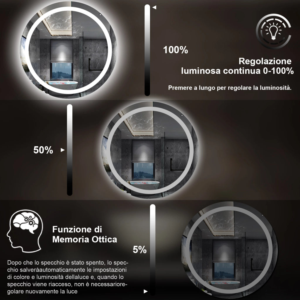 specchio 60 cm rotondo con luce led antiappannamento e touch