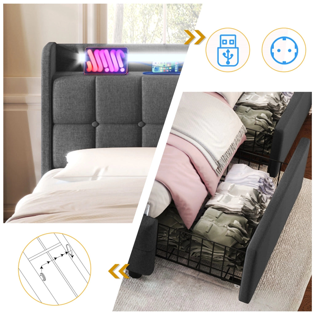LETTO Singolo 90x200 cm Grigio con USB, LED e 2 Cassetti