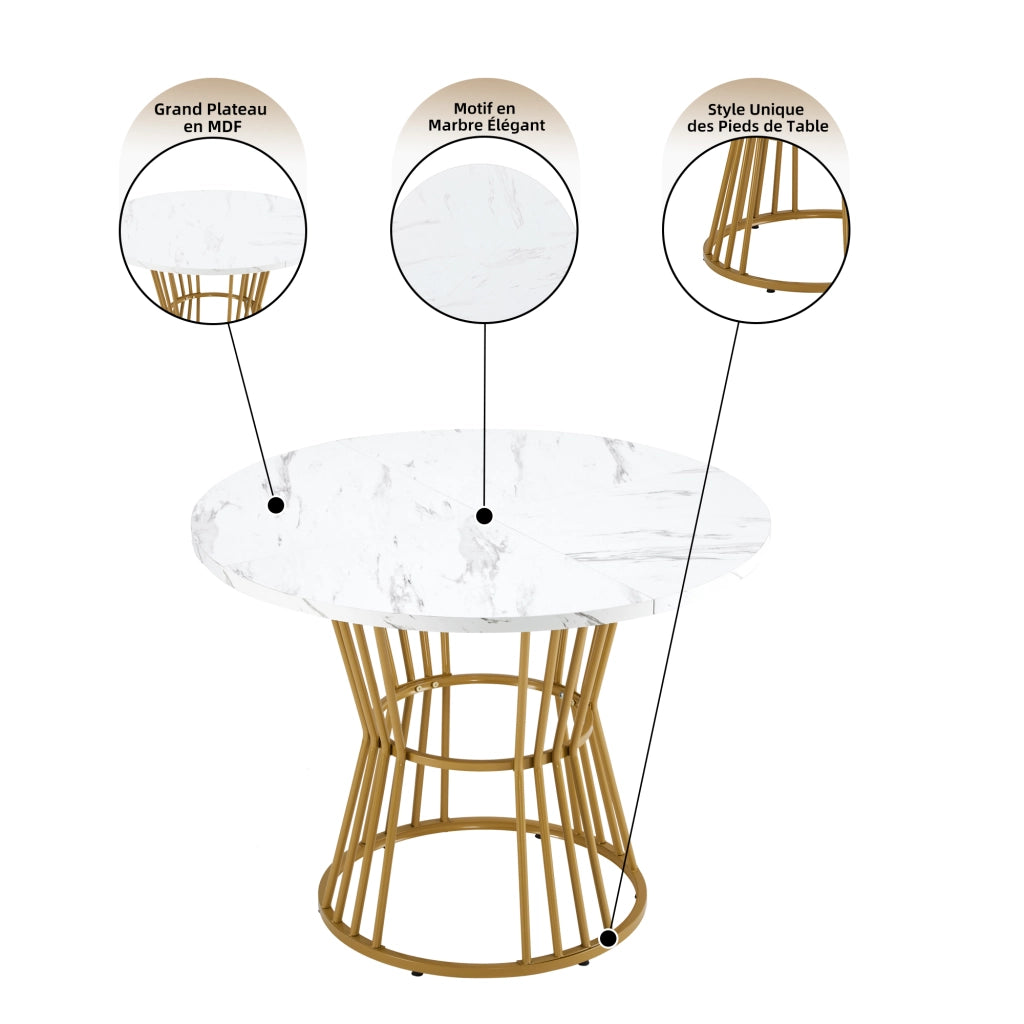 Set Tavolo da Pranzo Rotondo con 4 Sedie ¨C Xylo ¨C Piano Bianco MDF, Gambe Metallo Oro, Velluto Verde, ?100 cm