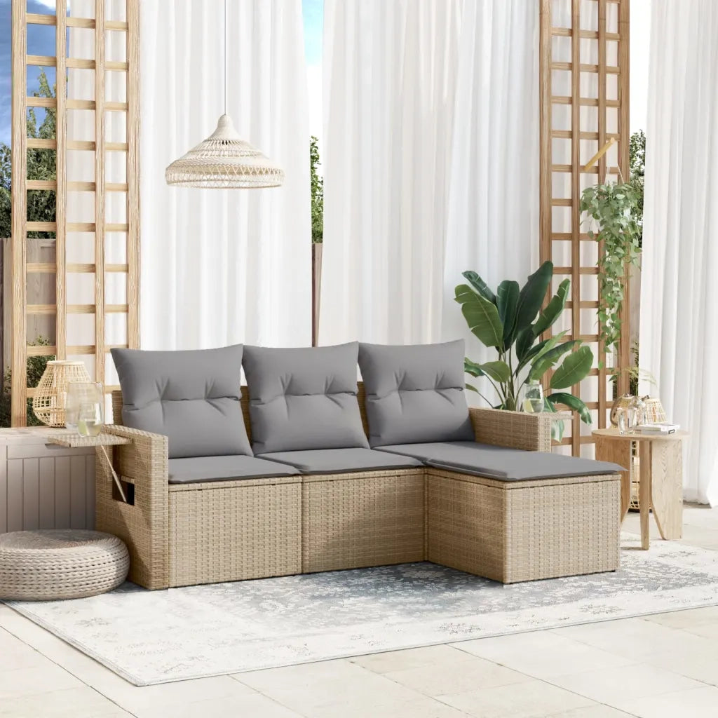 Set Divano da Giardino 4 pz | Set Salotto da Giardino con Cuscini Beige in Polyrattan