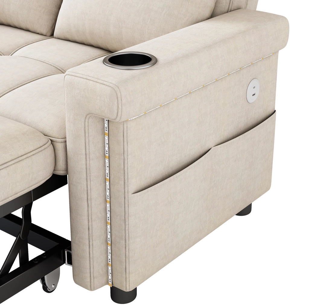 Sofa letto a 2 posti modulare 145 cm in chenille beige con LED; USB e Type-C