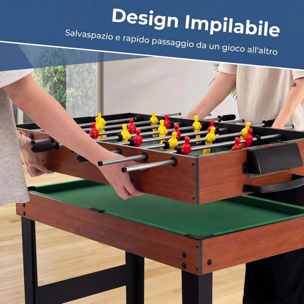 4 in 1 Tavolo Multigioco, Calcio Balilla/Tavolo da Biliardo/Ping Pong/Air Hockey, Calcetto Multigioco Impilabile per Casa Feste Bar, 125x97x83 cm