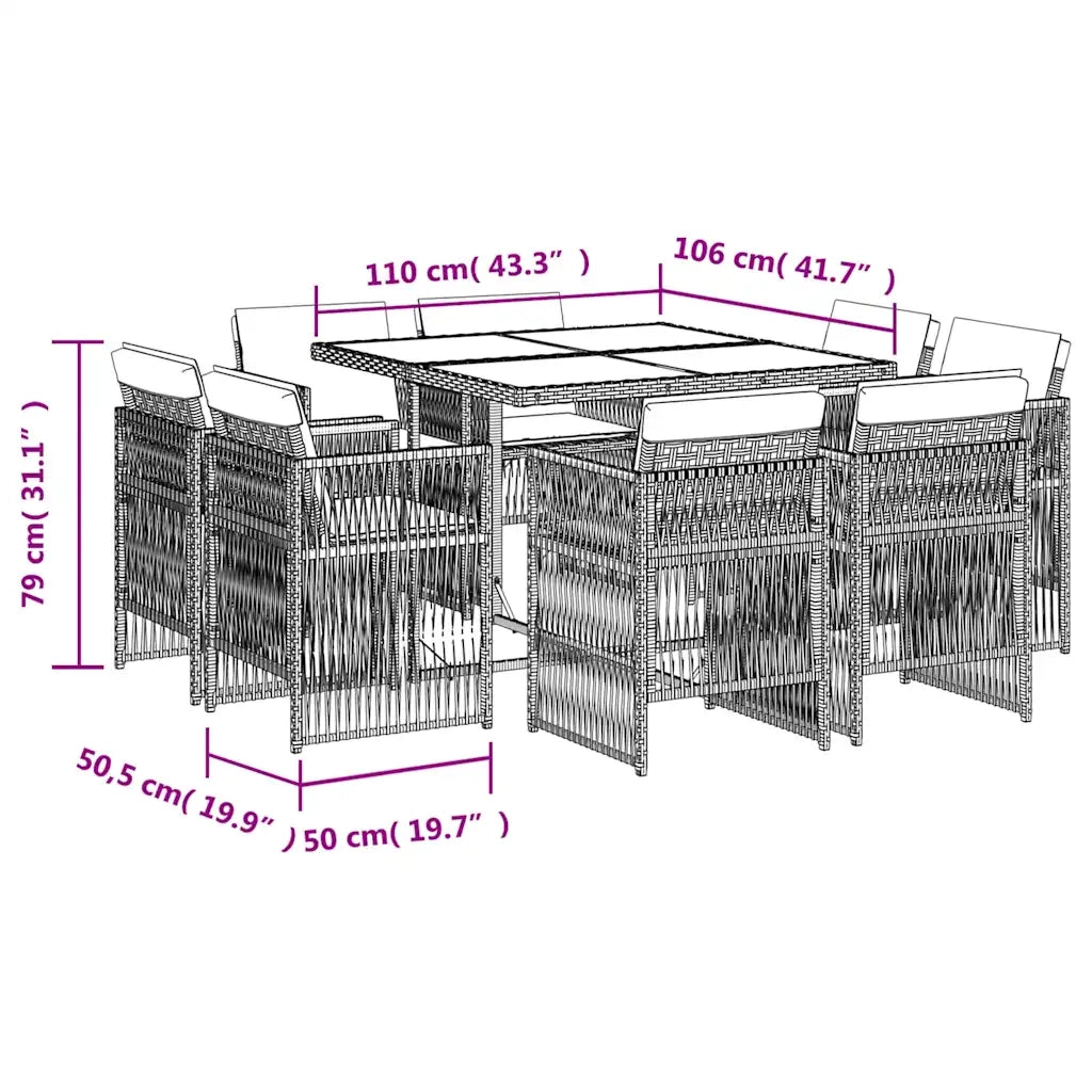 Set da Pranzo da Giardino 9 pz con Cuscini in Polyrattan Grigio 3211016