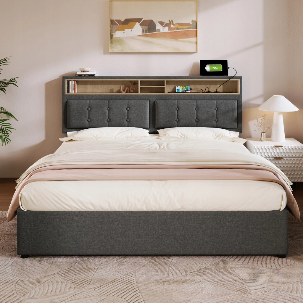Letto imbottito 140x200 con 4 cassetti e USB - Xylo