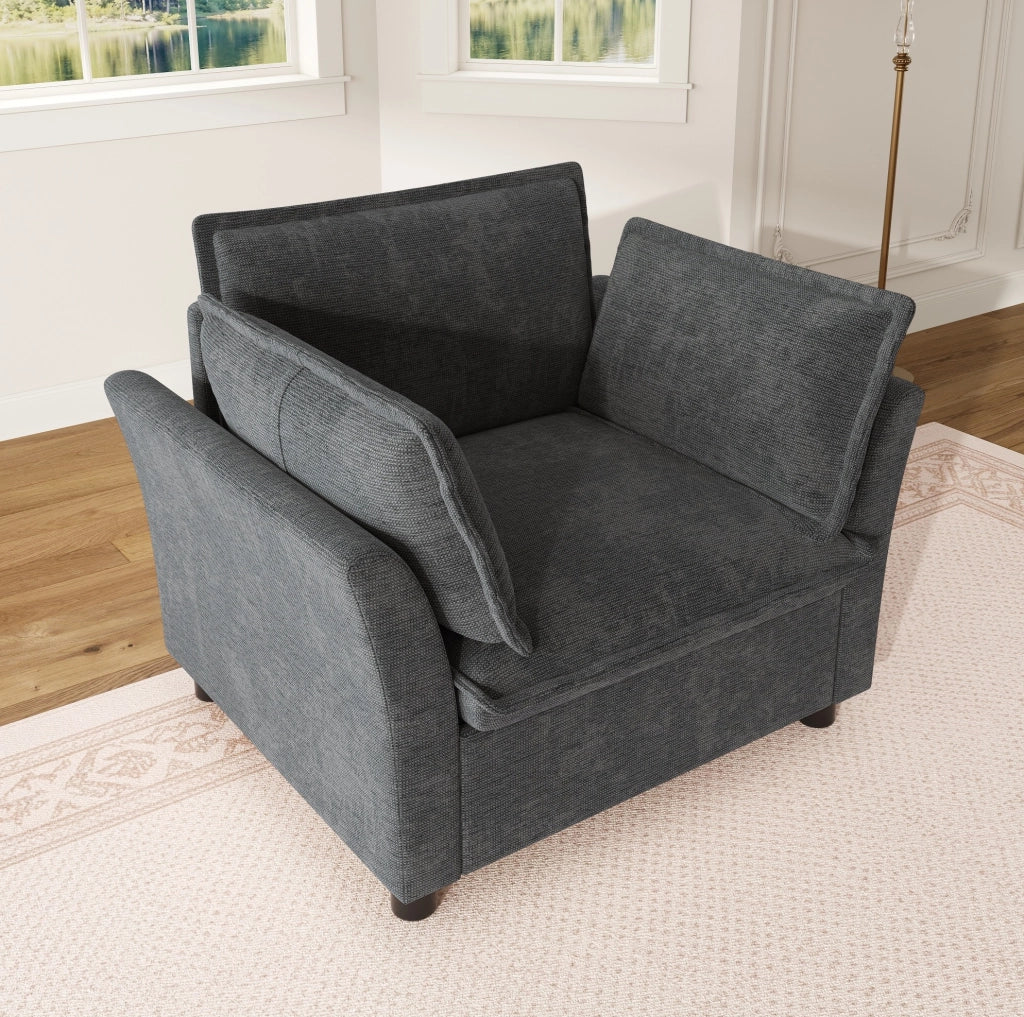 Poltrona singola moderna 90x81x87 cm in chenille grigia; con braccioli curvi e cuscini