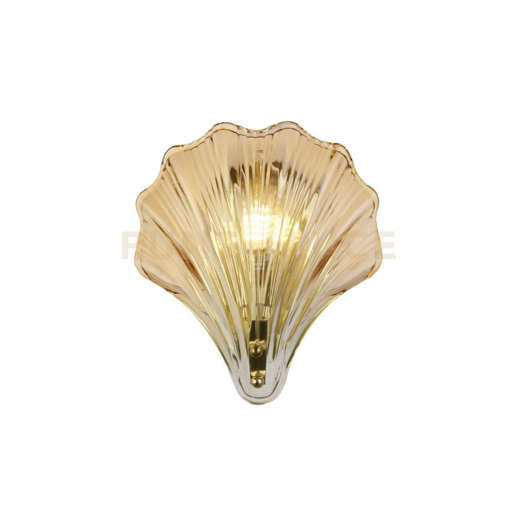 Applique Shell 1Lt, metallo ottone satinato e vetro ambrato IP44