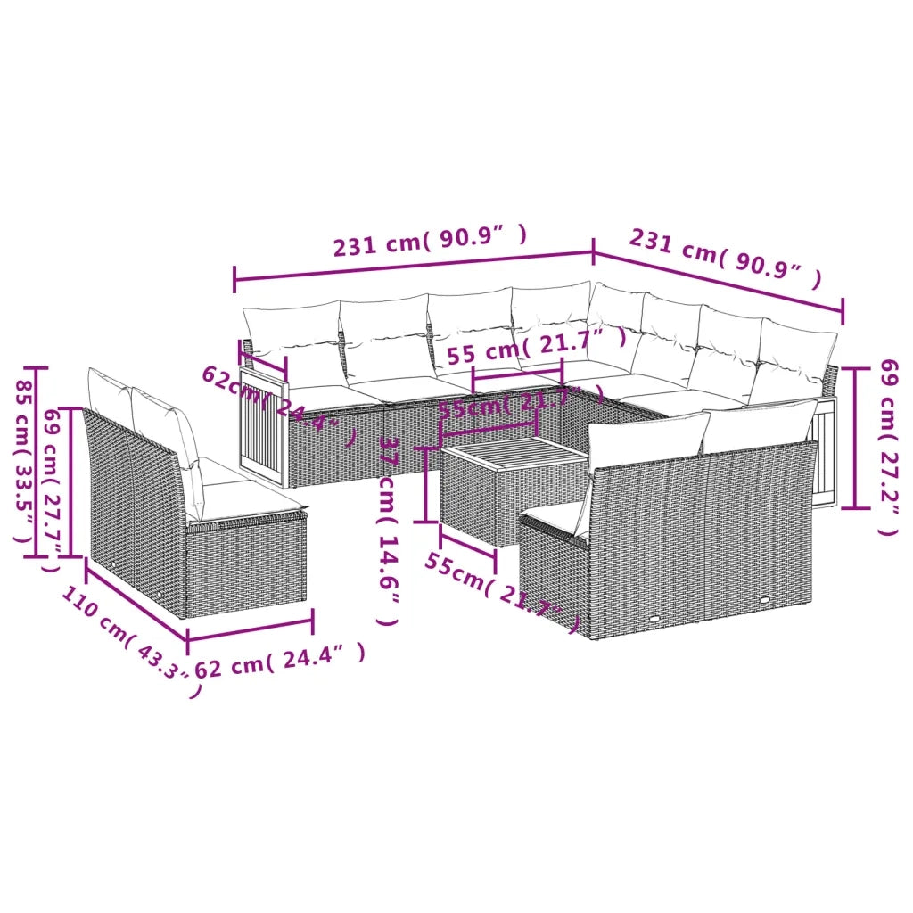 Set Divani da Giardino 12 pz con Cuscini Nero in Polyrattan 3227771