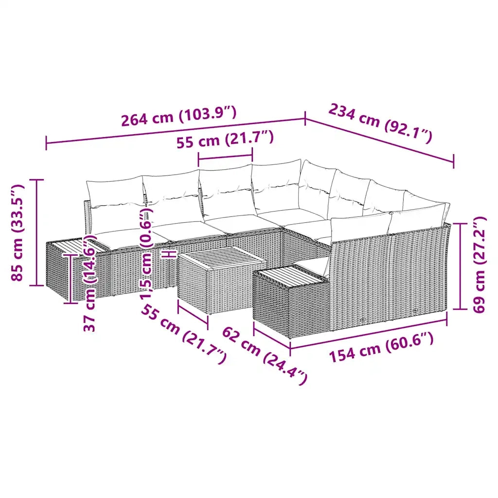 Set Divano da Giardino con cuscino 9 pcs Beige Poly Rattan 3348056