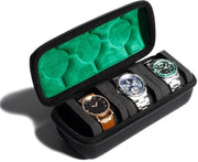 Hard Shell Borsa a 3 Compartimenti con Cuscino Antivibrazioni per Orologi, Nero, 3 Compartimenti con Pelle Verde