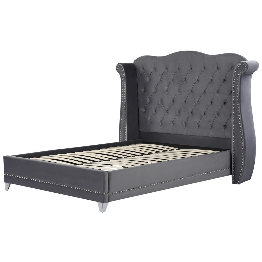 Letto 160 x 200 cm Velluto grigio Base a doghe Bottone trapuntato testiera