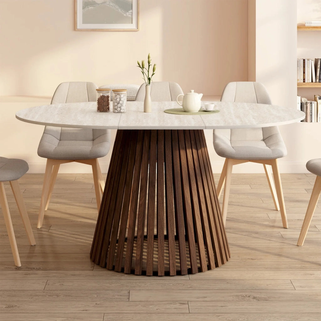 IDMarket - CARMEN tavolo da pranzo rotondo allungabile 4-8 persone con gambe a doghe in noce e piano effetto travertino 110 - 150 cm
