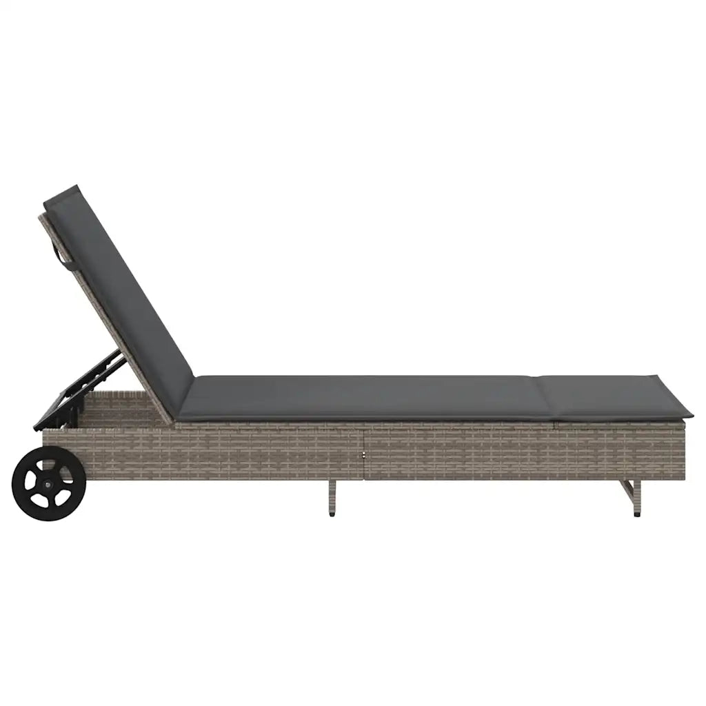 Lettino Prendisole con Ruote e Cuscino in Polyrattan Grigio 4104035
