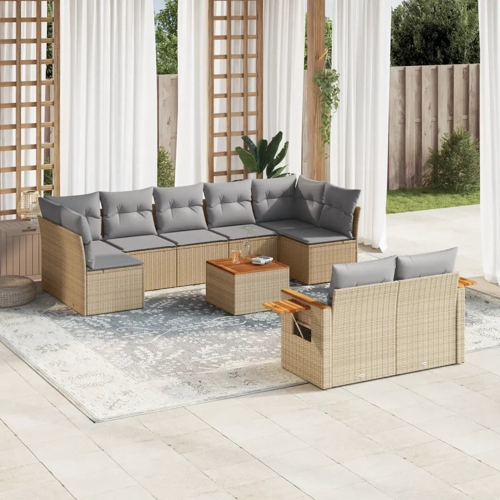 Set Divano da Giardino 10 pz con Cuscini Beige in Polyrattan