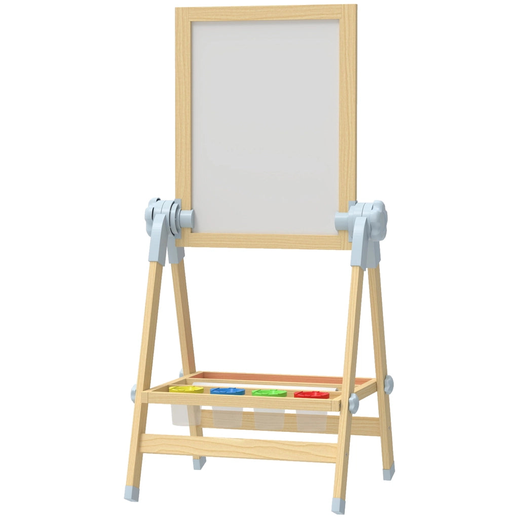 Cavalletto Doppia Faccia per Bambini ¨C Minimal ¨C Legno Naturale, Bianco e Grigio, Regolabile in Altezza, con Rotolo di Carta e Ripiano