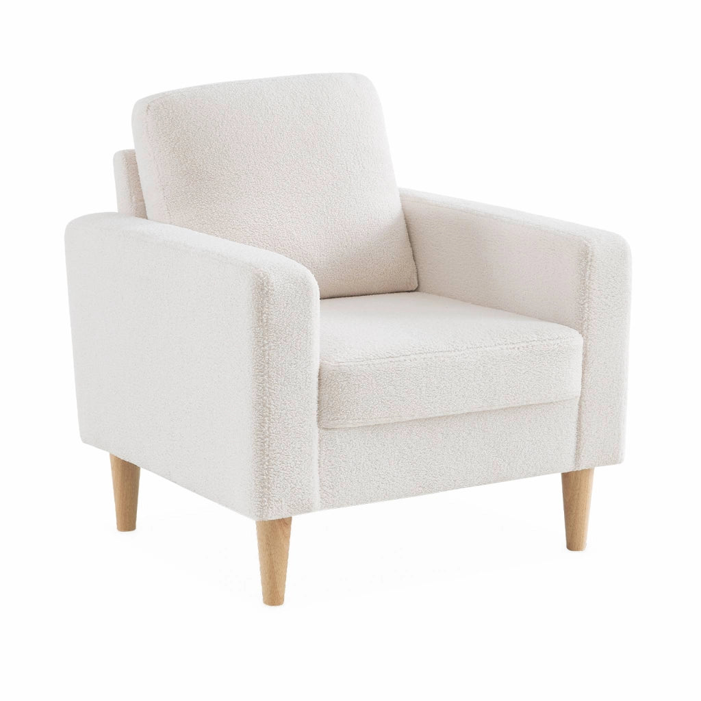 Poltrona scandinava in legno e tessuto bouclè, bianco
