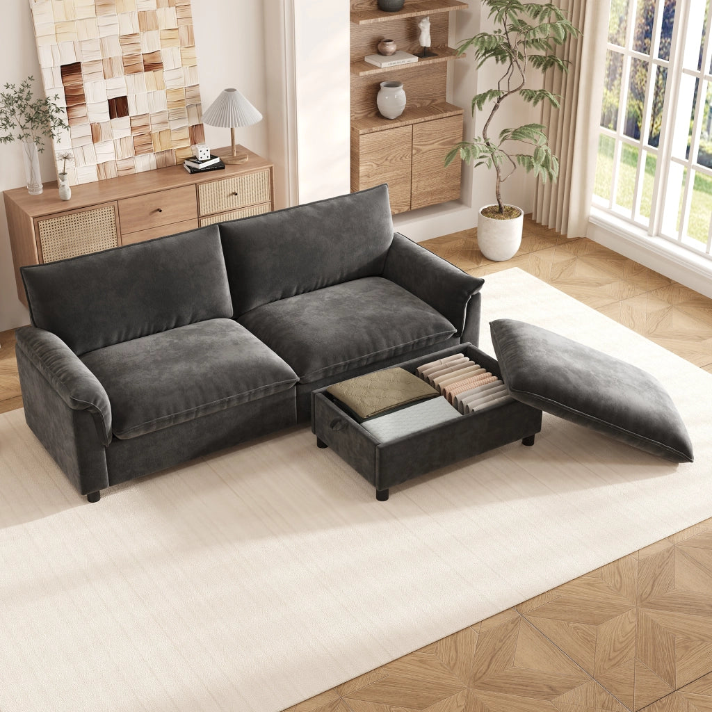 DIVANO Angolare Modulare 216 cm in Chenille Nero con 1 poggiapiedi
