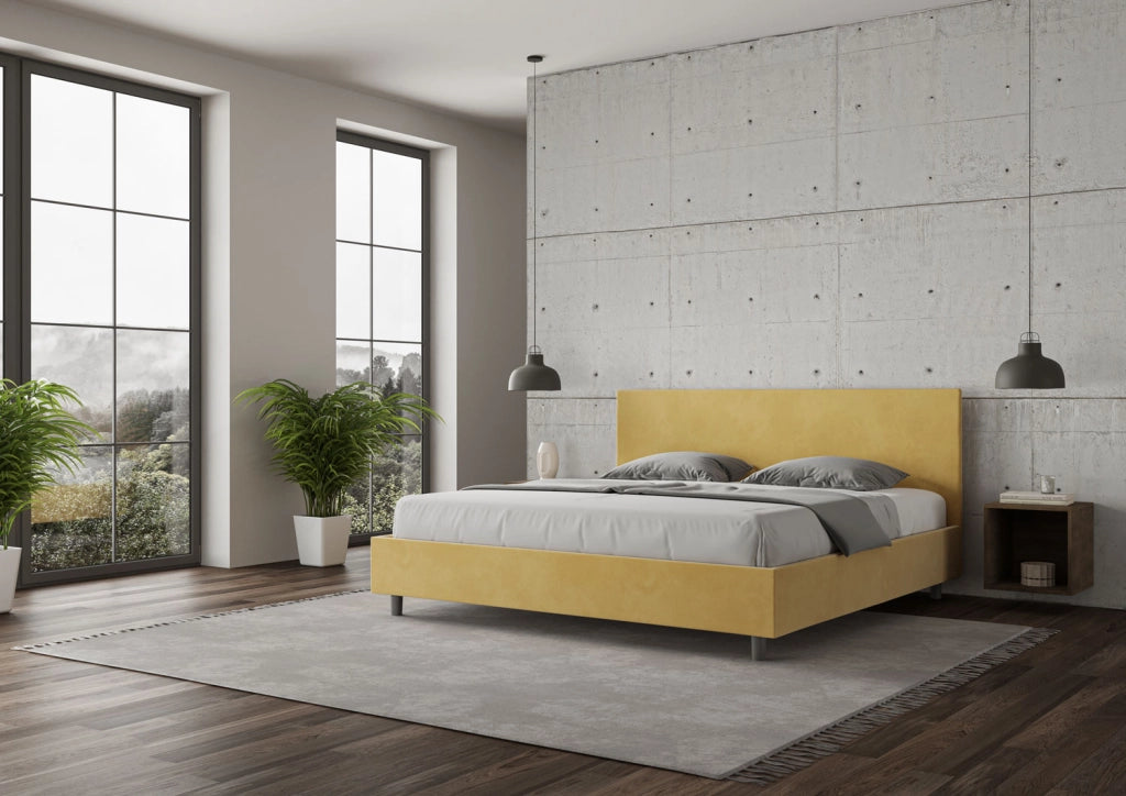 BS COM Letto matrimoniale king size con rete imbottito 200x210 microfibra ocra