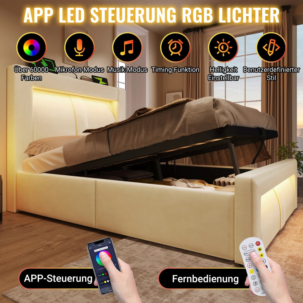 LETTO contenitore 90x200 cm in velluto beige con LED, USB, Type-C e materasso incluso