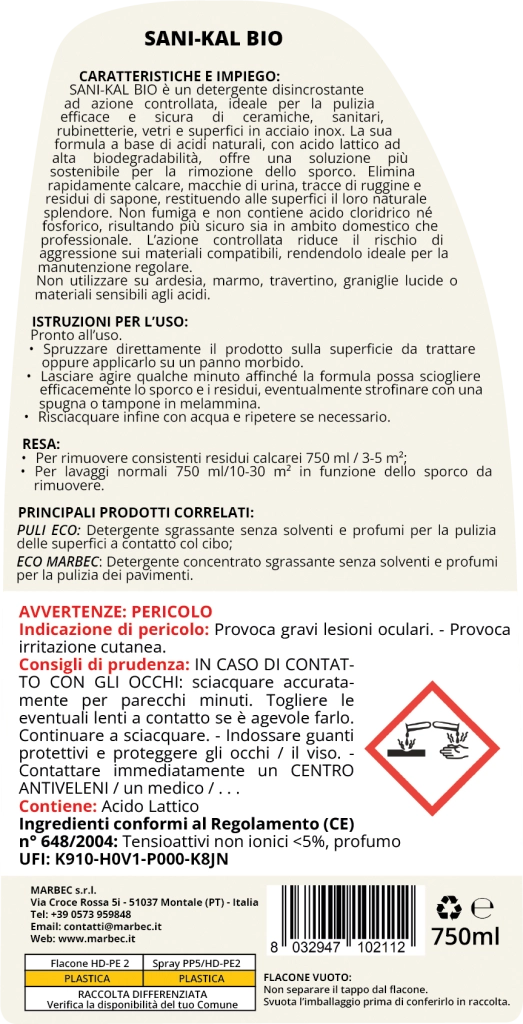 Detergente anticalcare delicato, pulizia efficace e brillantezza duratura Marbec SANI-KAL BIO - 750MLx6Pz