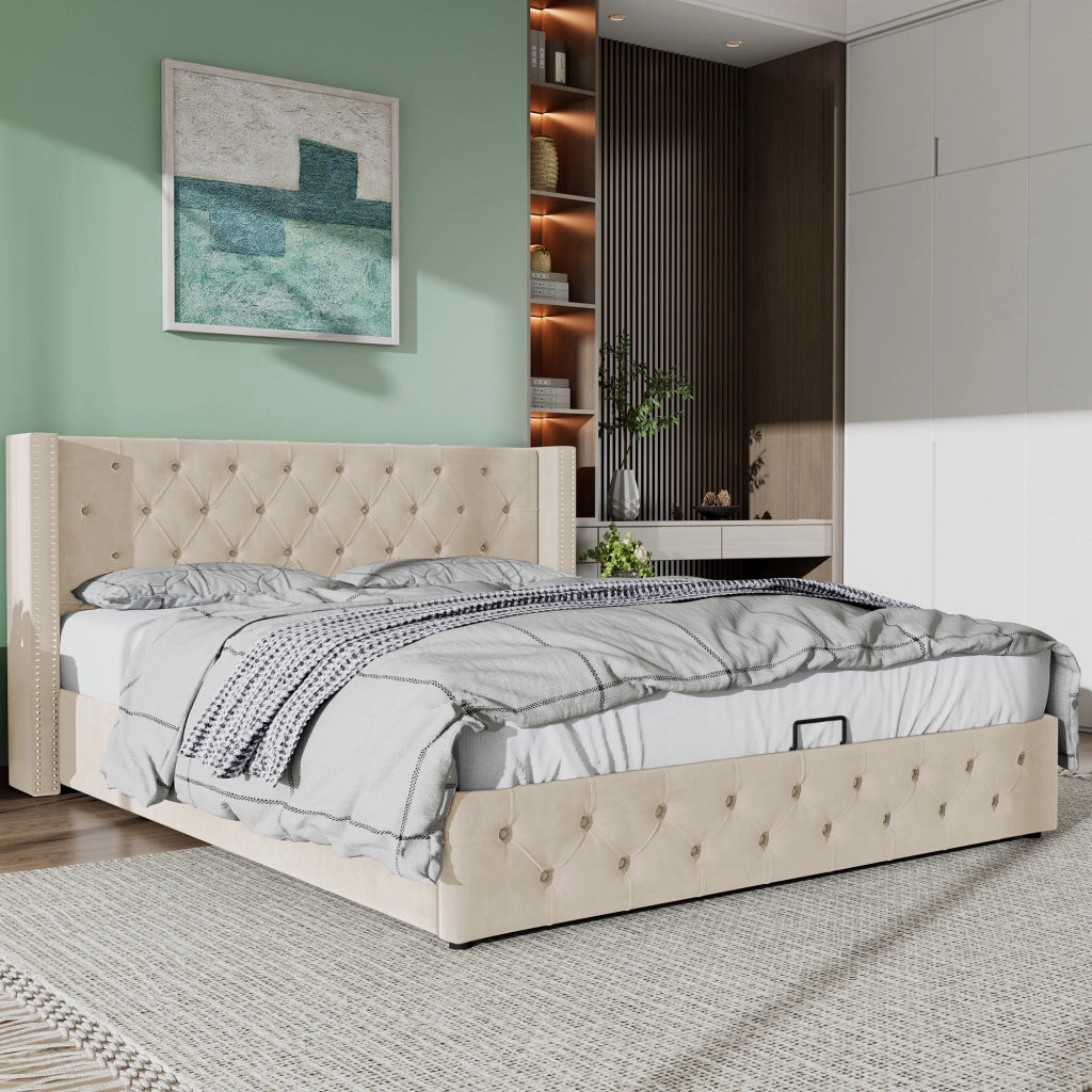 letto imbottito velluto beige 160 x 200 cm