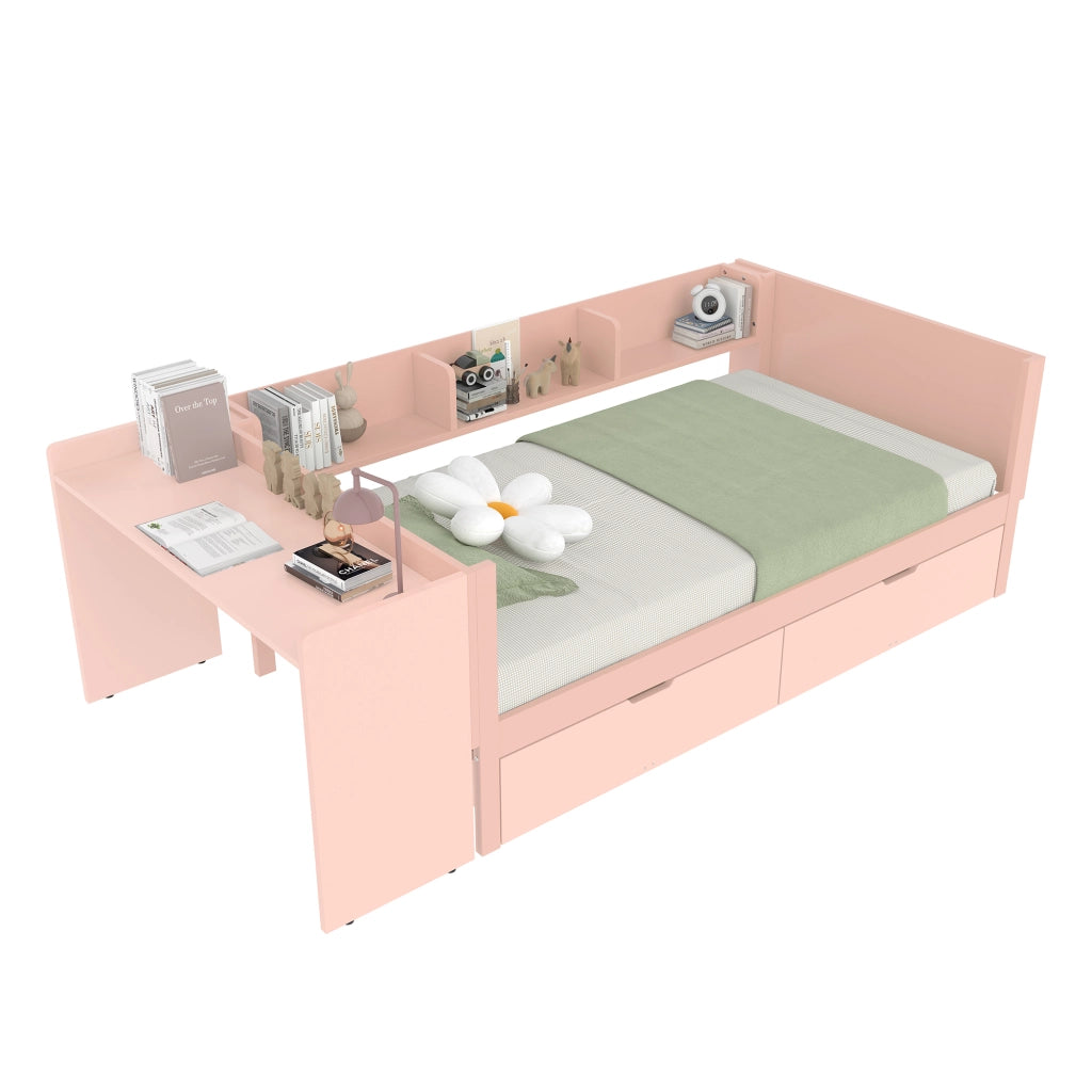 Letto Singolo con Scrivania e Cassetti ¨C MINIMAL ¨C Pino, Rosa, 90x200