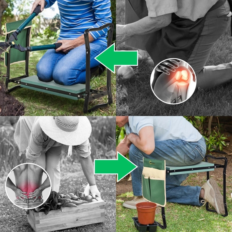 Panca inginocchiata, sgabello da giardino pieghevole, 2 in 1, supporto per ginocchia, con borsa porta attrezzi, schiuma EVA, 58 x 28 x 49 cm