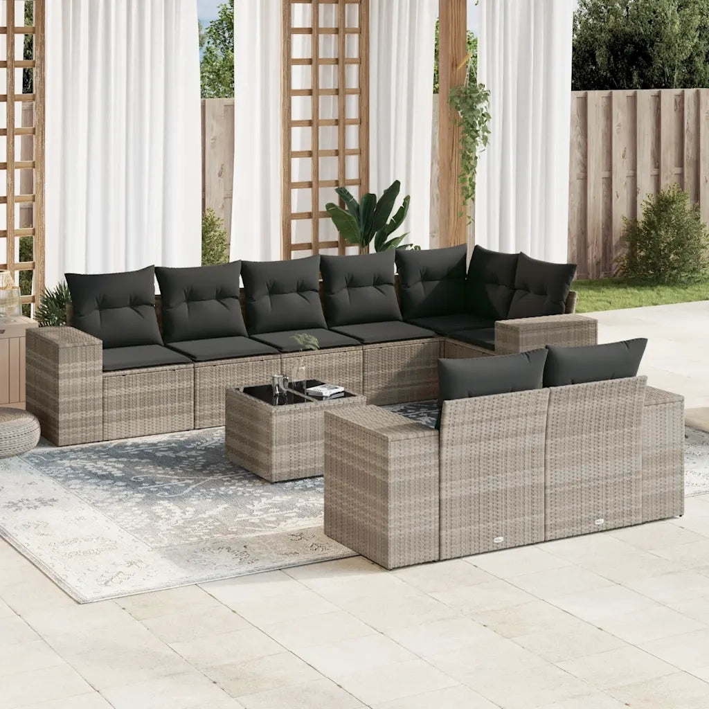 Set Divano da Giardino 9pz con Cuscini Grigio Chiaro Polyrattan